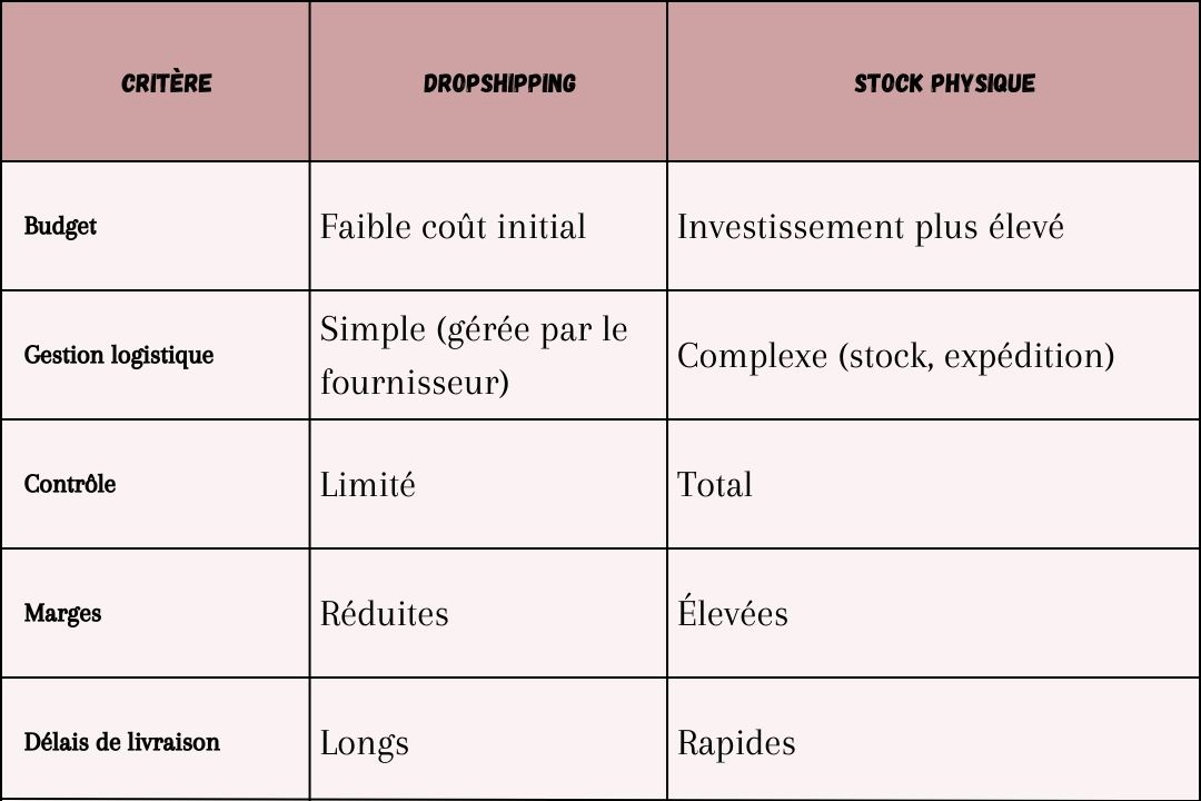 Tableau dropshipping vs stock physique